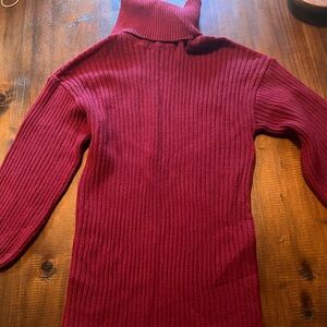 Ribbed Burgundy Turtleneck Sweater Dress with Bishop Sleeves